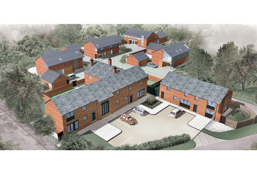 ariel view of computer generated site plan, barn conversions, courtyard, new builds, bridge house farm thelwall