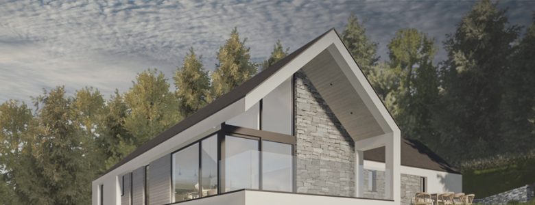 3d colour render of new build house with glass balconies, glazed gable and terrace in the scottish borders by cb3design